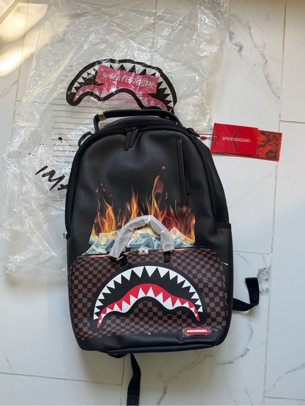 Sprayground Black Backpack with Flame, Money & Checker Shark Pocket